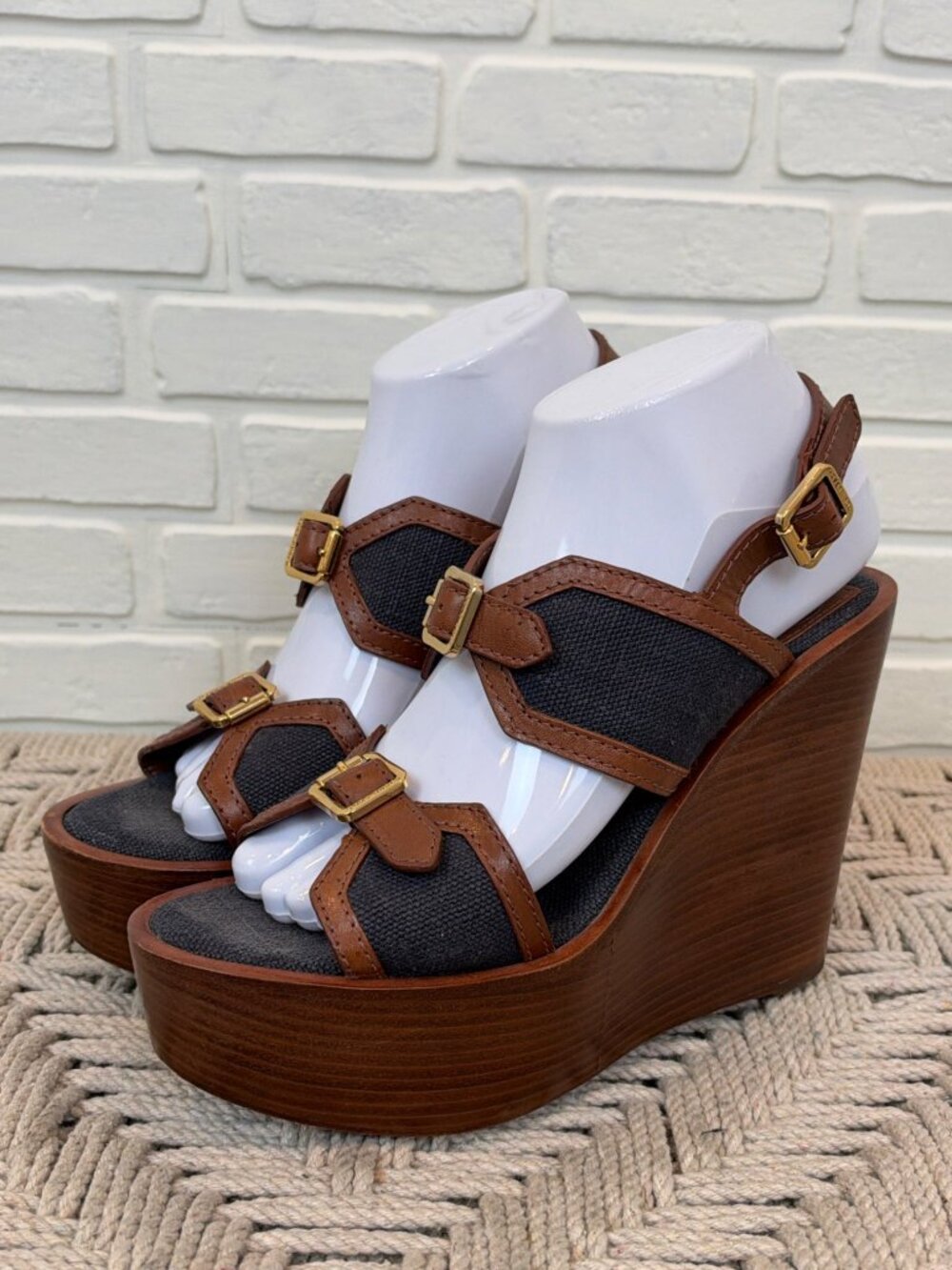 Tory Burch Wedge Sandals Buckle Strap Canvas Leather Brown 9
